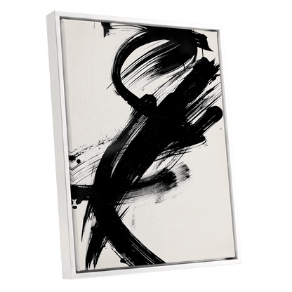 Velocity in Black, black, beige abstract wall art shown as a white framed canvas wall art