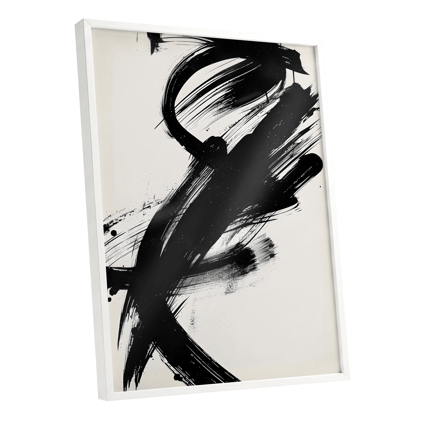 Velocity in Black, black, beige abstract wall art shown as a white framed poster wall art print