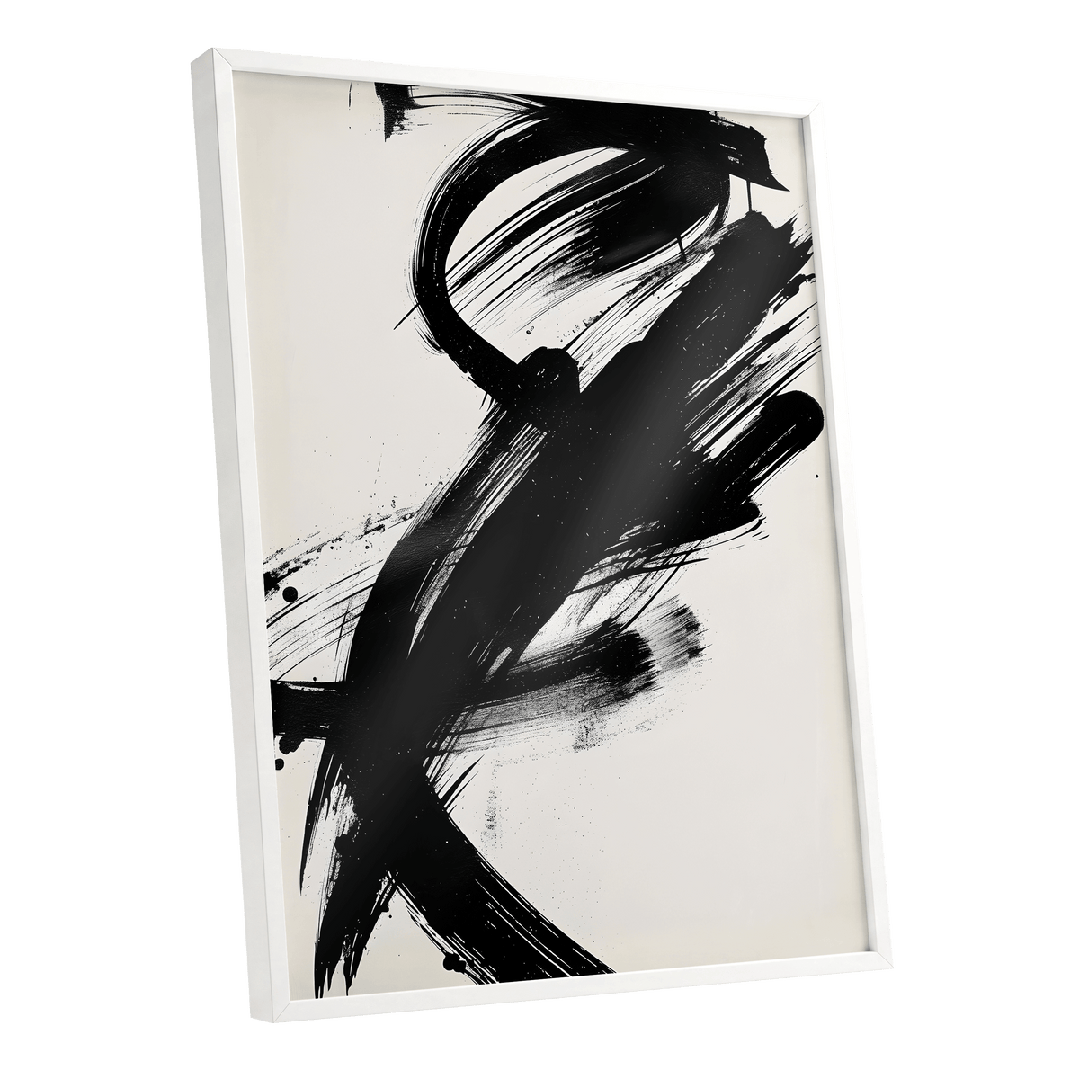 Velocity in Black, black, beige abstract wall art shown as a white framed poster wall art print