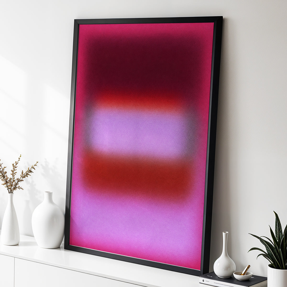 Velvet Afterglow, pink, red, purple abstract wall art displayed in a styled interior, gallery view 2