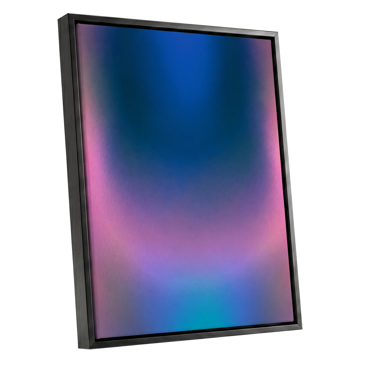 Velvet Chromatic Haze, blue, pink, purple abstract wall art shown as a black framed canvas wall art