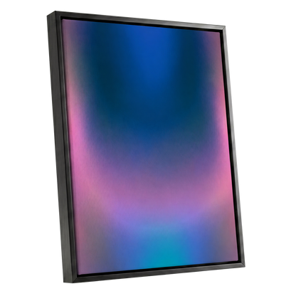 Velvet Chromatic Haze, blue, pink, purple abstract wall art shown as a black framed canvas wall art