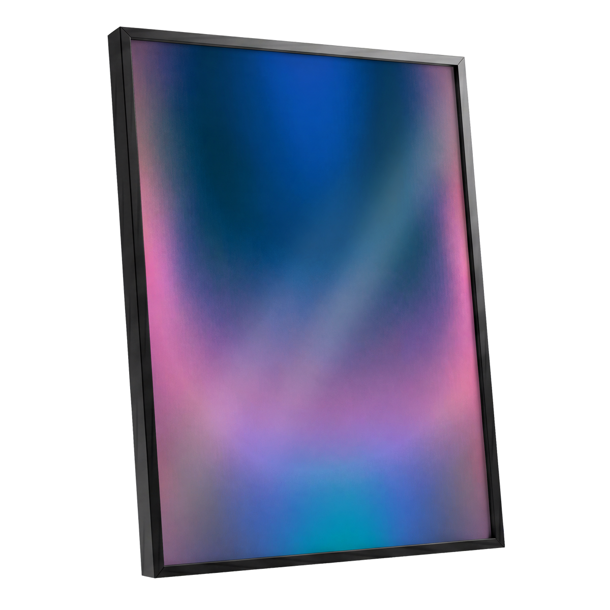 Velvet Chromatic Haze, blue, pink, purple abstract wall art shown as a black framed poster wall art print