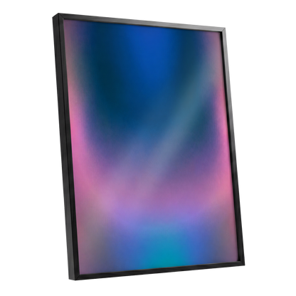 Velvet Chromatic Haze, blue, pink, purple abstract wall art shown as a black framed poster wall art print