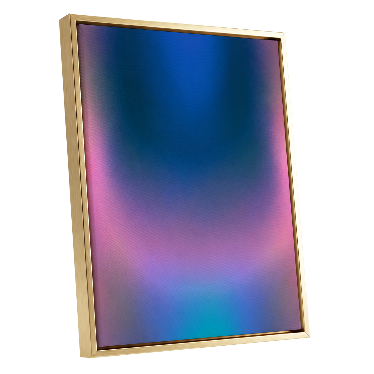Velvet Chromatic Haze, blue, pink, purple abstract wall art shown as a gold framed canvas wall art