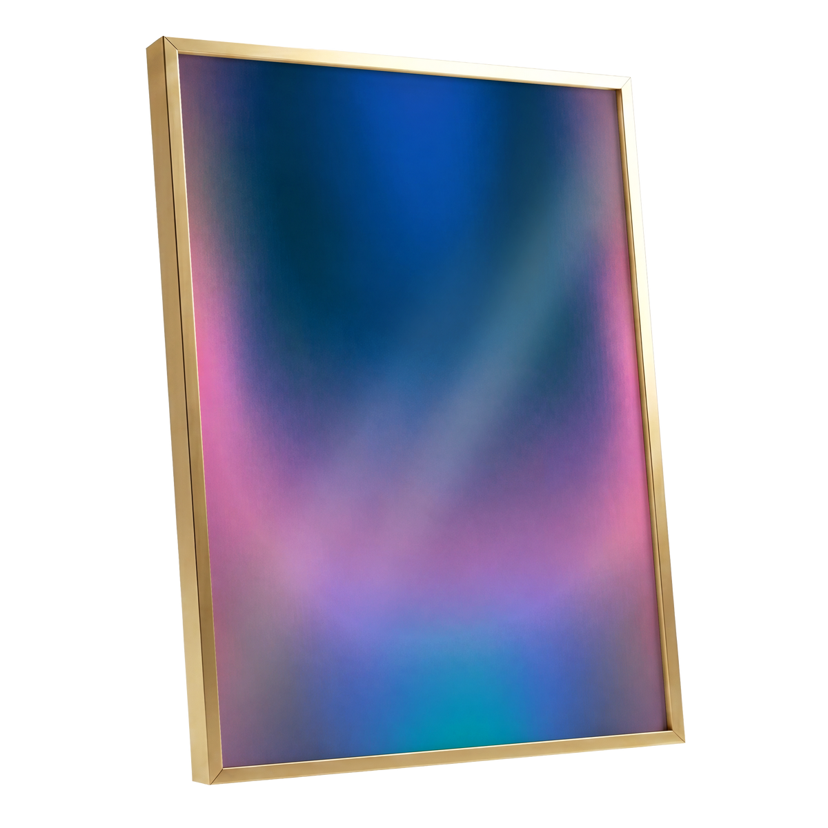 Velvet Chromatic Haze, blue, pink, purple abstract wall art shown as a gold framed poster wall art print