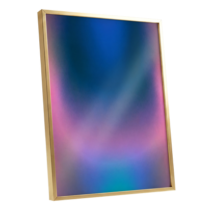 Velvet Chromatic Haze, blue, pink, purple abstract wall art shown as a gold framed poster wall art print