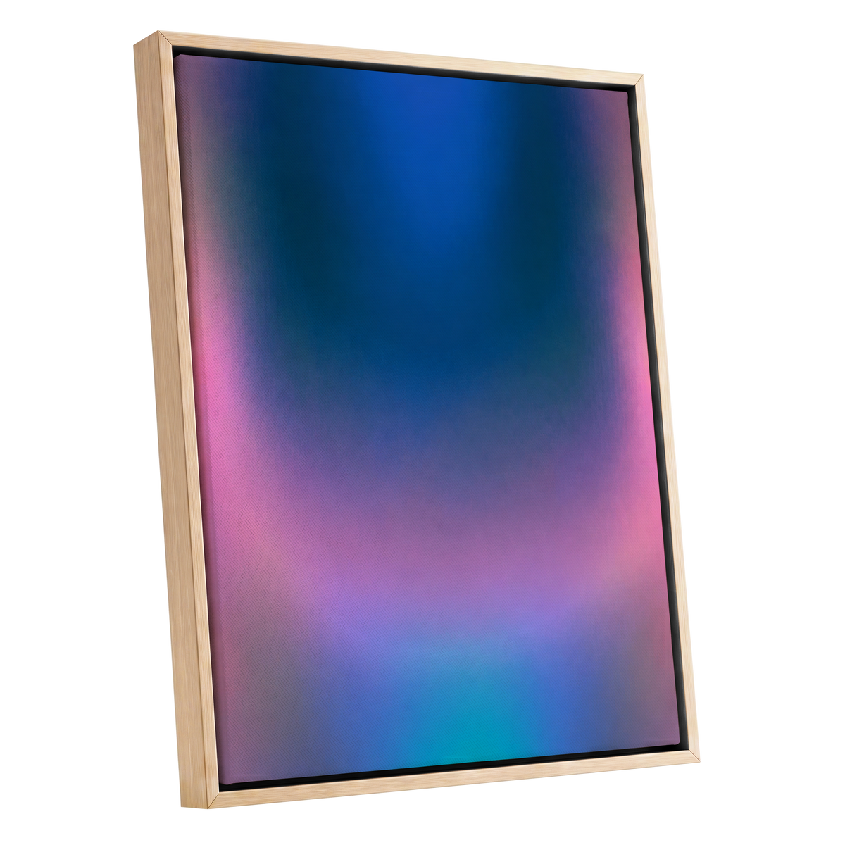 Velvet Chromatic Haze, blue, pink, purple abstract wall art shown as a oak framed canvas wall art