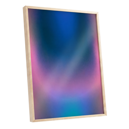 Velvet Chromatic Haze, blue, pink, purple abstract wall art shown as a oak framed poster wall art print