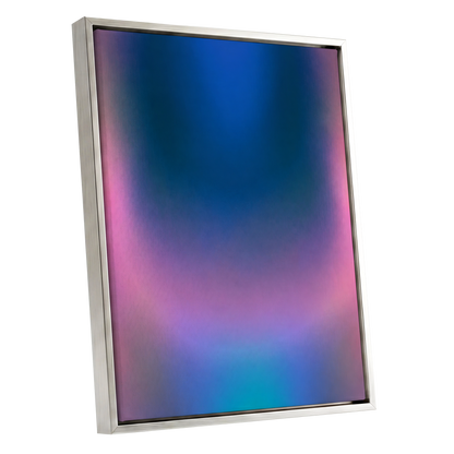 Velvet Chromatic Haze, blue, pink, purple abstract wall art shown as a silver framed canvas wall art