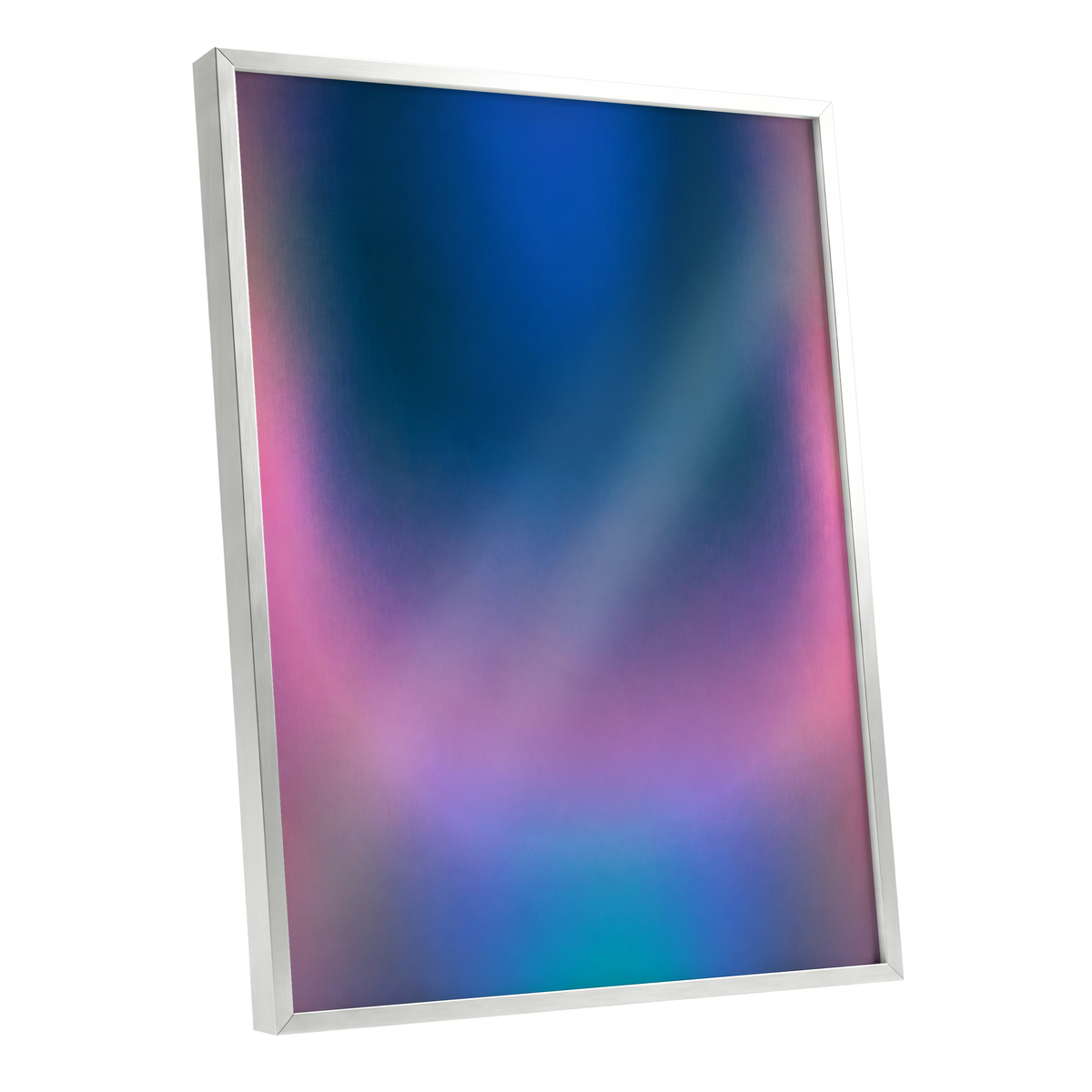 Velvet Chromatic Haze, blue, pink, purple abstract wall art shown as a silver framed poster wall art print