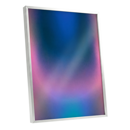 Velvet Chromatic Haze, blue, pink, purple abstract wall art shown as a silver framed poster wall art print