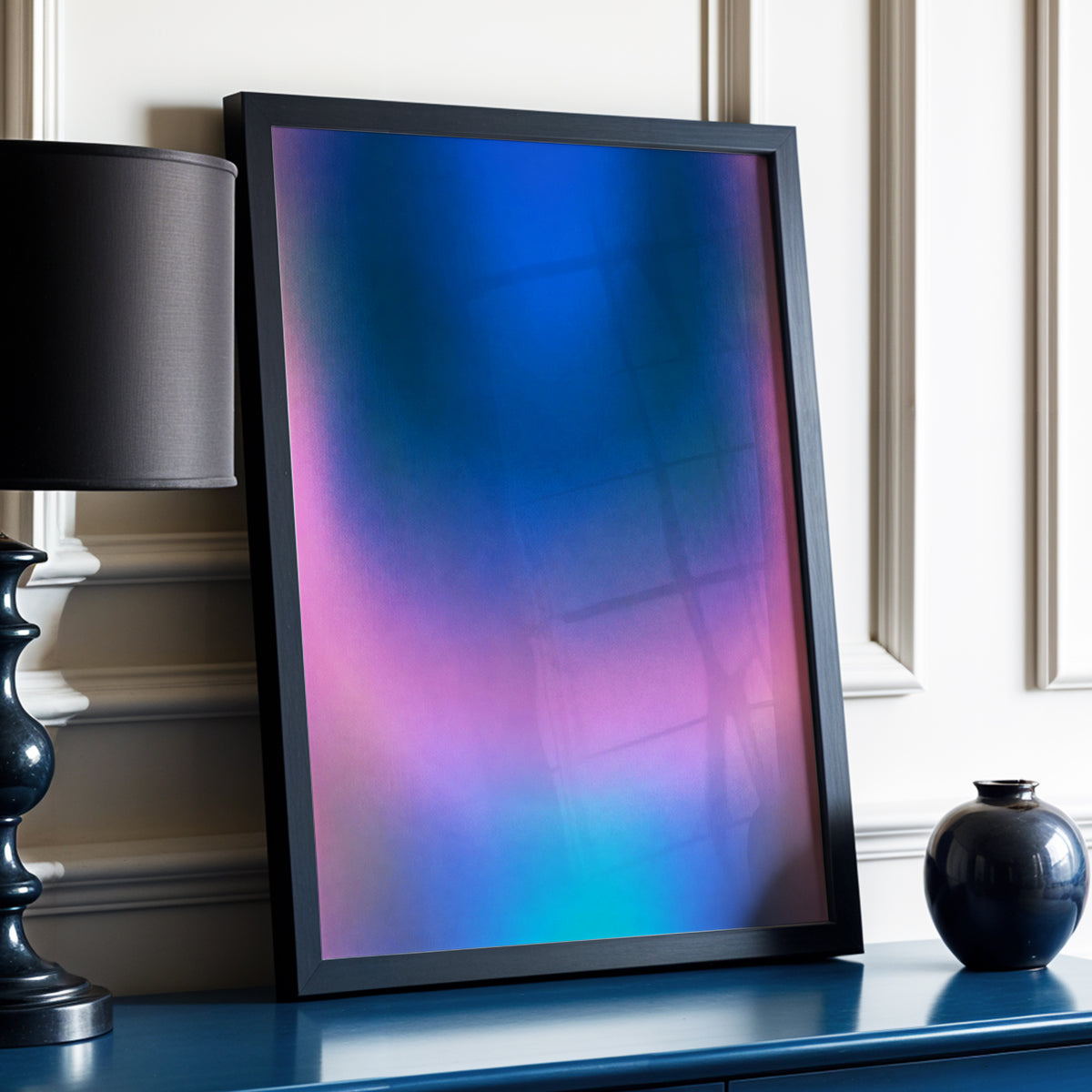 Velvet Chromatic Haze, blue, pink, purple abstract wall art displayed in a styled interior, gallery view 2