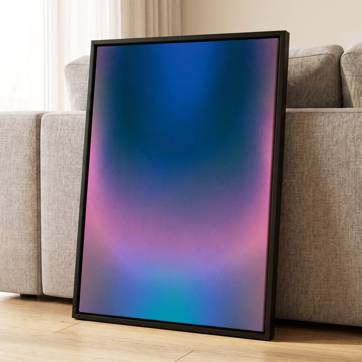 Velvet Chromatic Haze, blue, pink, purple abstract wall art displayed in a styled interior, gallery view 4