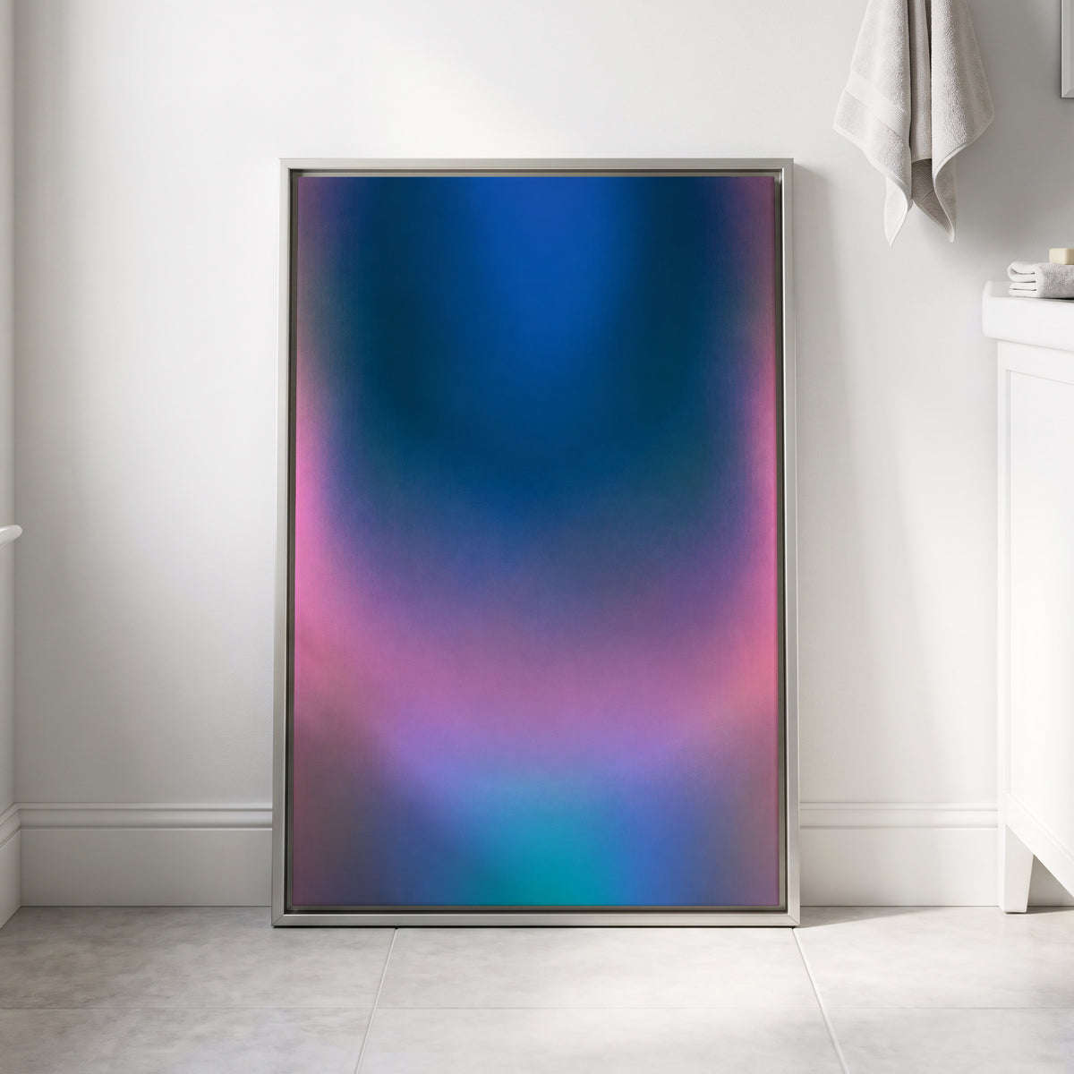 Velvet Chromatic Haze, blue, pink, purple abstract wall art displayed in a styled interior, gallery view 8