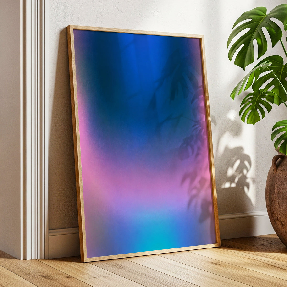 Velvet Chromatic Haze, blue, pink, purple abstract wall art displayed in a styled interior, gallery view 9