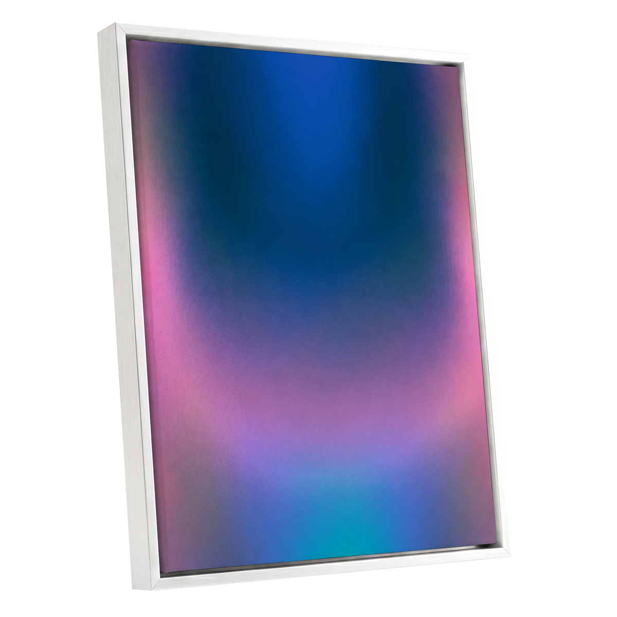 Velvet Chromatic Haze, blue, pink, purple abstract wall art shown as a white framed canvas wall art