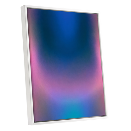 Velvet Chromatic Haze, blue, pink, purple abstract wall art shown as a white framed canvas wall art