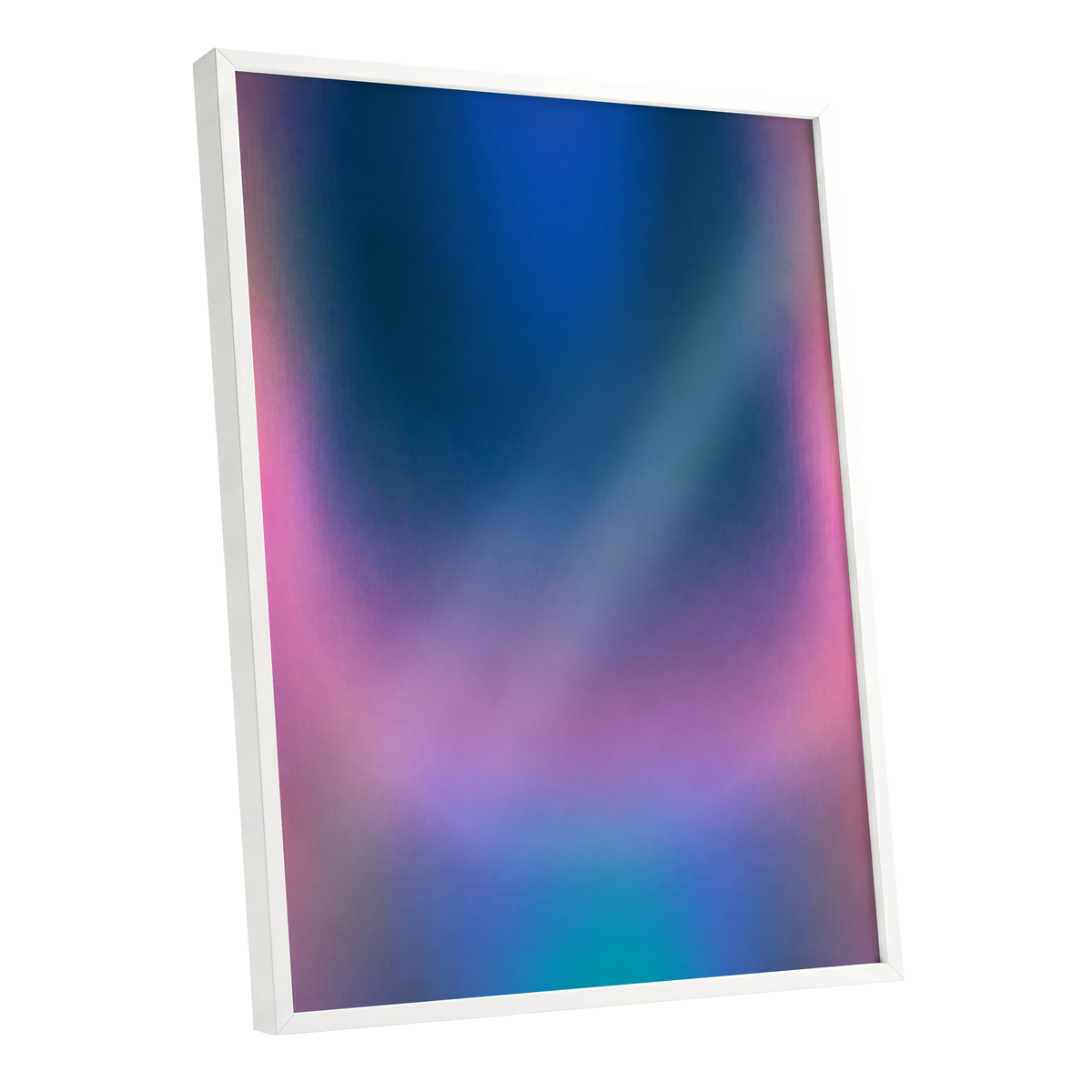 Velvet Chromatic Haze, blue, pink, purple abstract wall art shown as a white framed poster wall art print