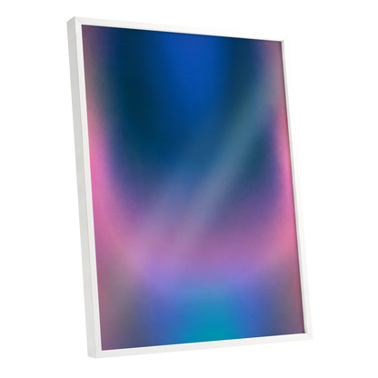 Velvet Chromatic Haze, blue, pink, purple abstract wall art shown as a white framed poster wall art print