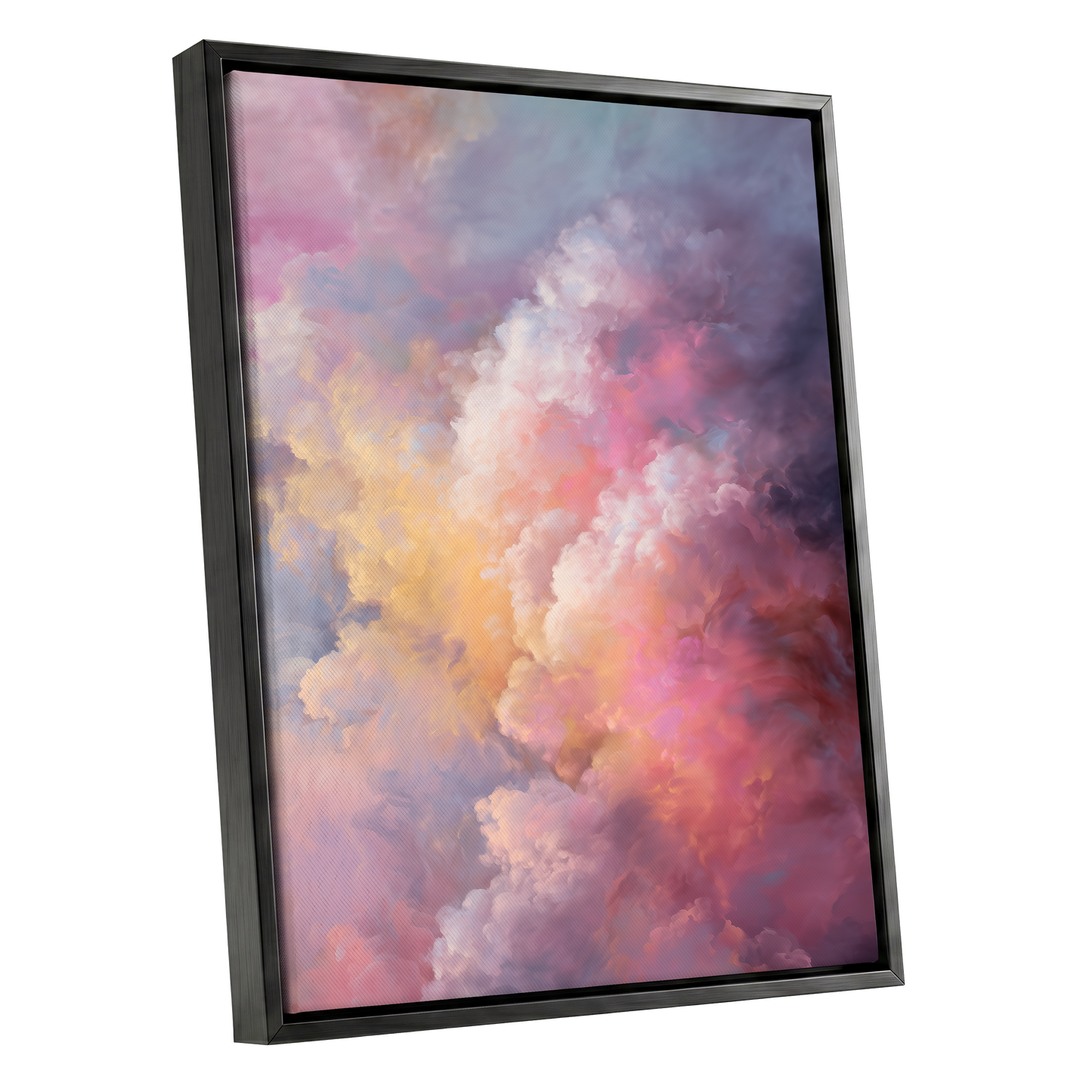 Velvet Sky Bloom, pink, purple, blue nature wall art shown as a black framed canvas wall art