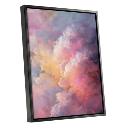 Velvet Sky Bloom, pink, purple, blue nature wall art shown as a black framed canvas wall art
