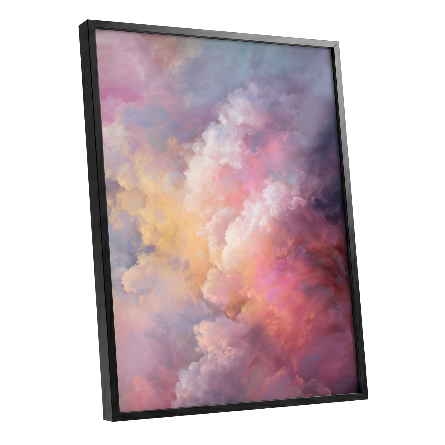 Velvet Sky Bloom, pink, purple, blue nature wall art shown as a black framed poster wall art print
