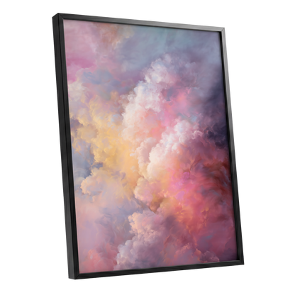 Velvet Sky Bloom, pink, purple, blue nature wall art shown as a black framed poster wall art print
