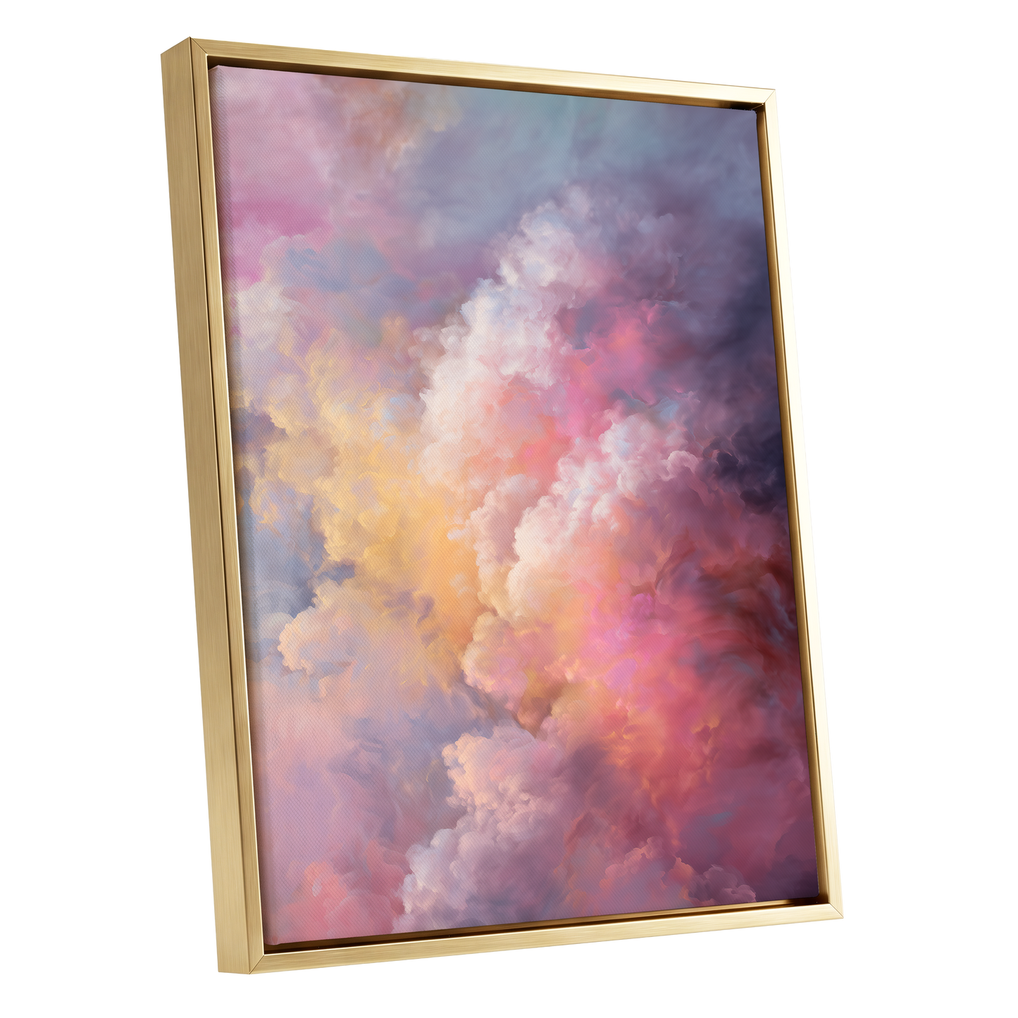 Velvet Sky Bloom, pink, purple, blue nature wall art shown as a gold framed canvas wall art