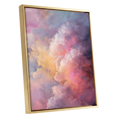 Velvet Sky Bloom, pink, purple, blue nature wall art shown as a gold framed canvas wall art