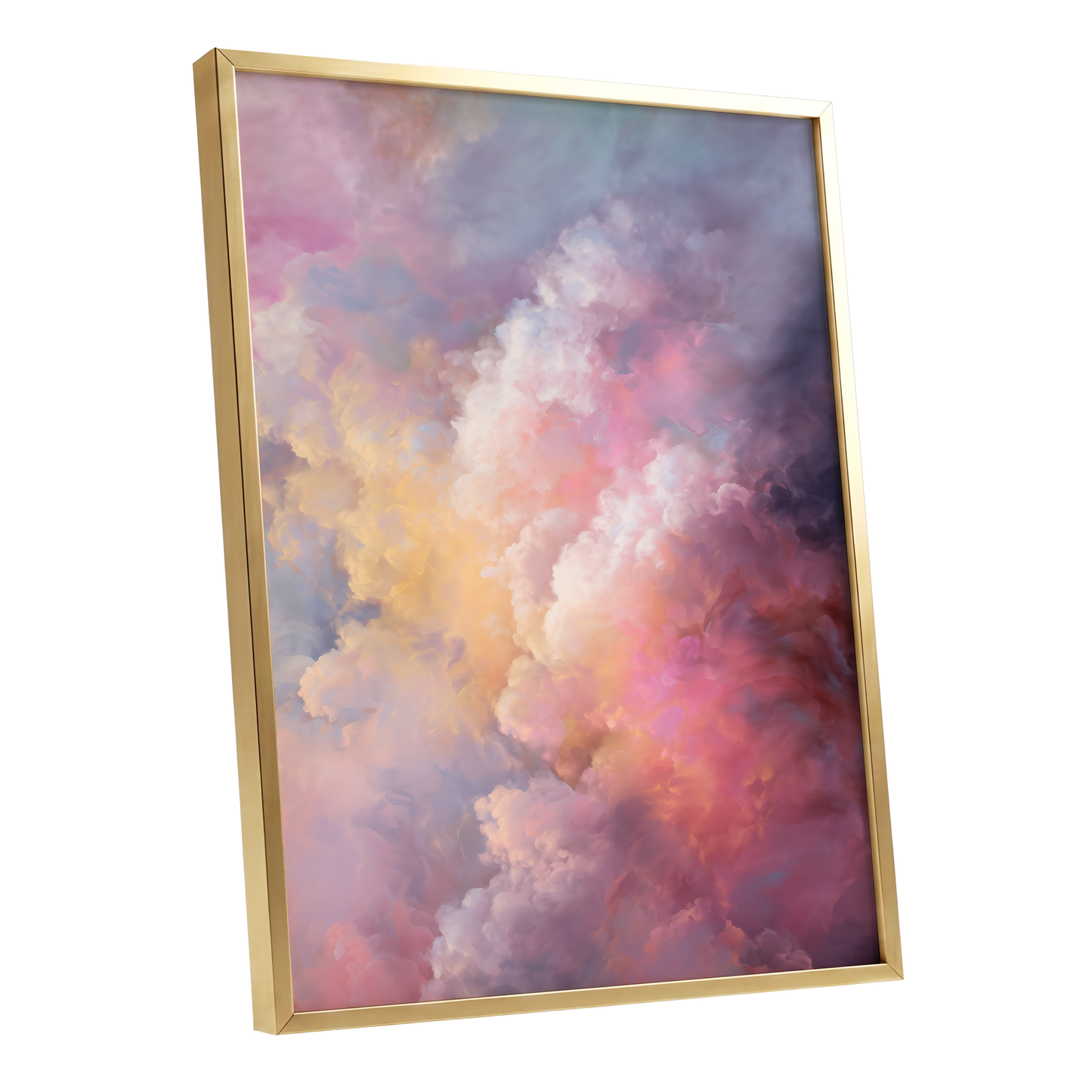 Velvet Sky Bloom, pink, purple, blue nature wall art shown as a gold framed poster wall art print