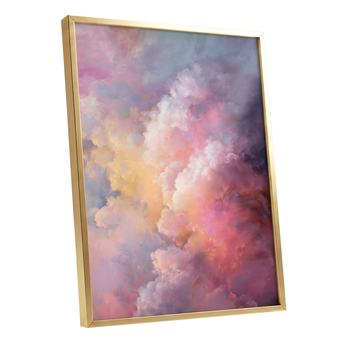 Velvet Sky Bloom, pink, purple, blue nature wall art shown as a gold framed poster wall art print