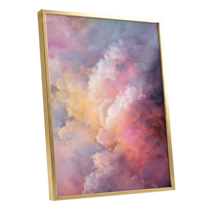 Velvet Sky Bloom, pink, purple, blue nature wall art shown as a gold framed poster wall art print