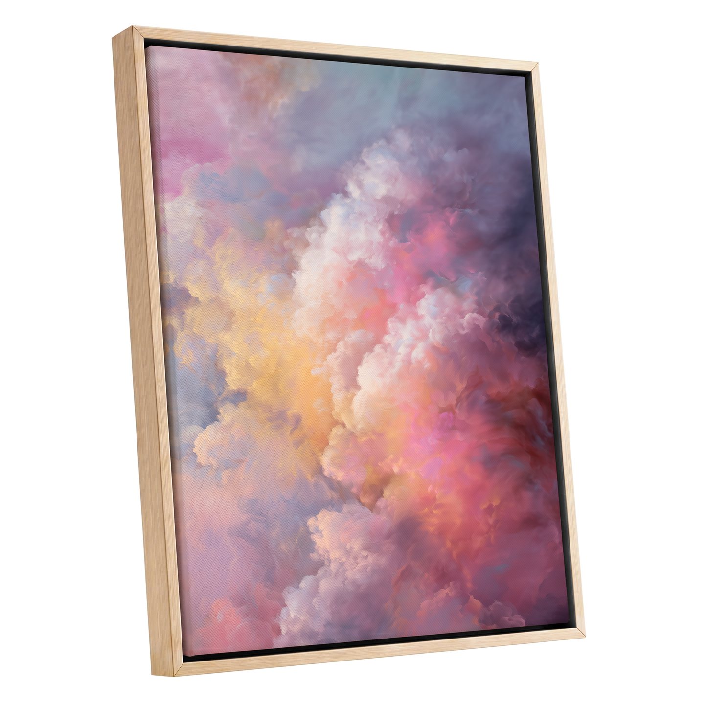Velvet Sky Bloom, pink, purple, blue nature wall art shown as a oak framed canvas wall art