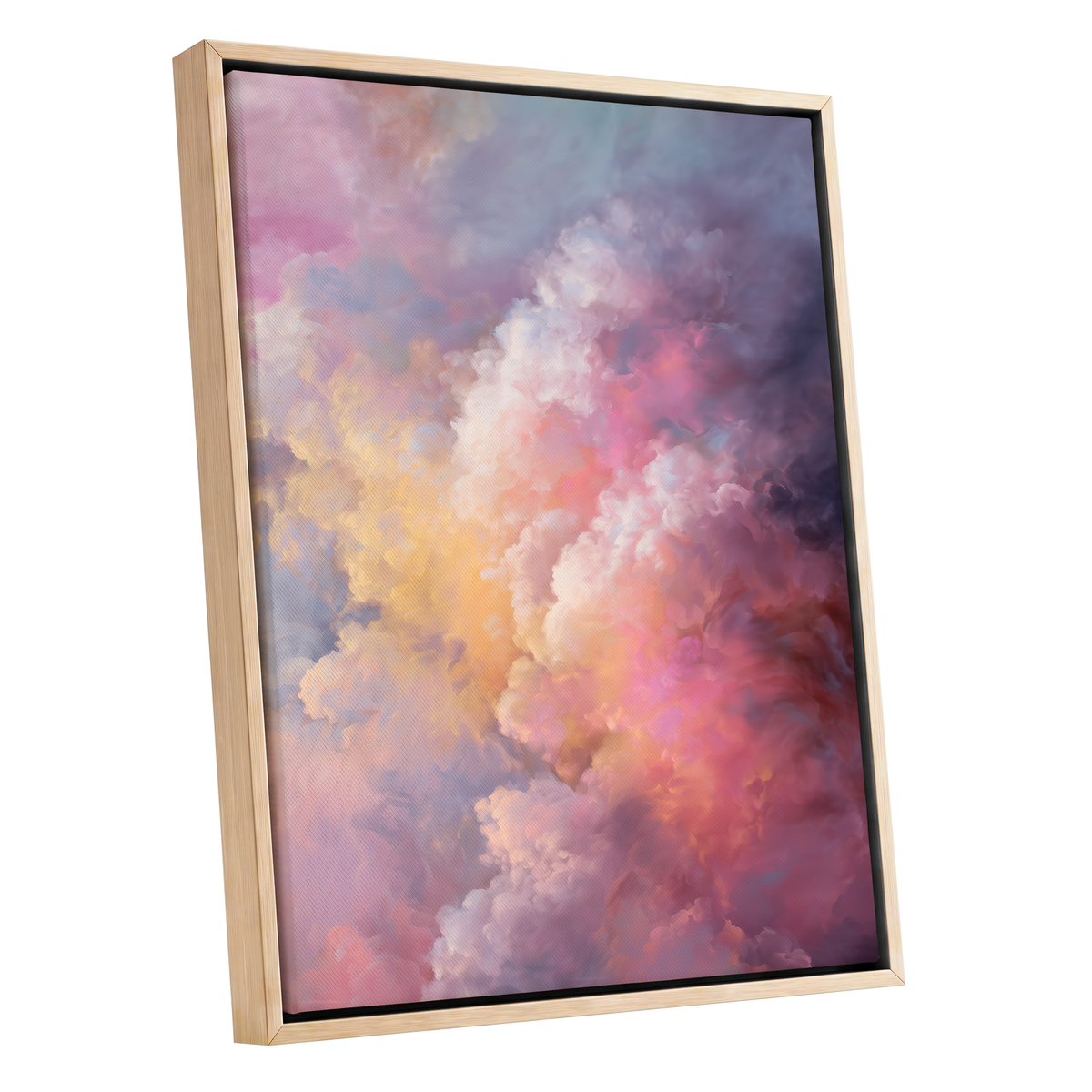 Velvet Sky Bloom, pink, purple, blue nature wall art shown as a oak framed canvas wall art