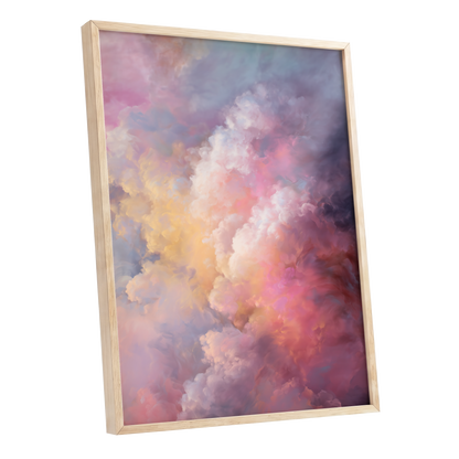 Velvet Sky Bloom, pink, purple, blue nature wall art shown as a oak framed poster wall art print