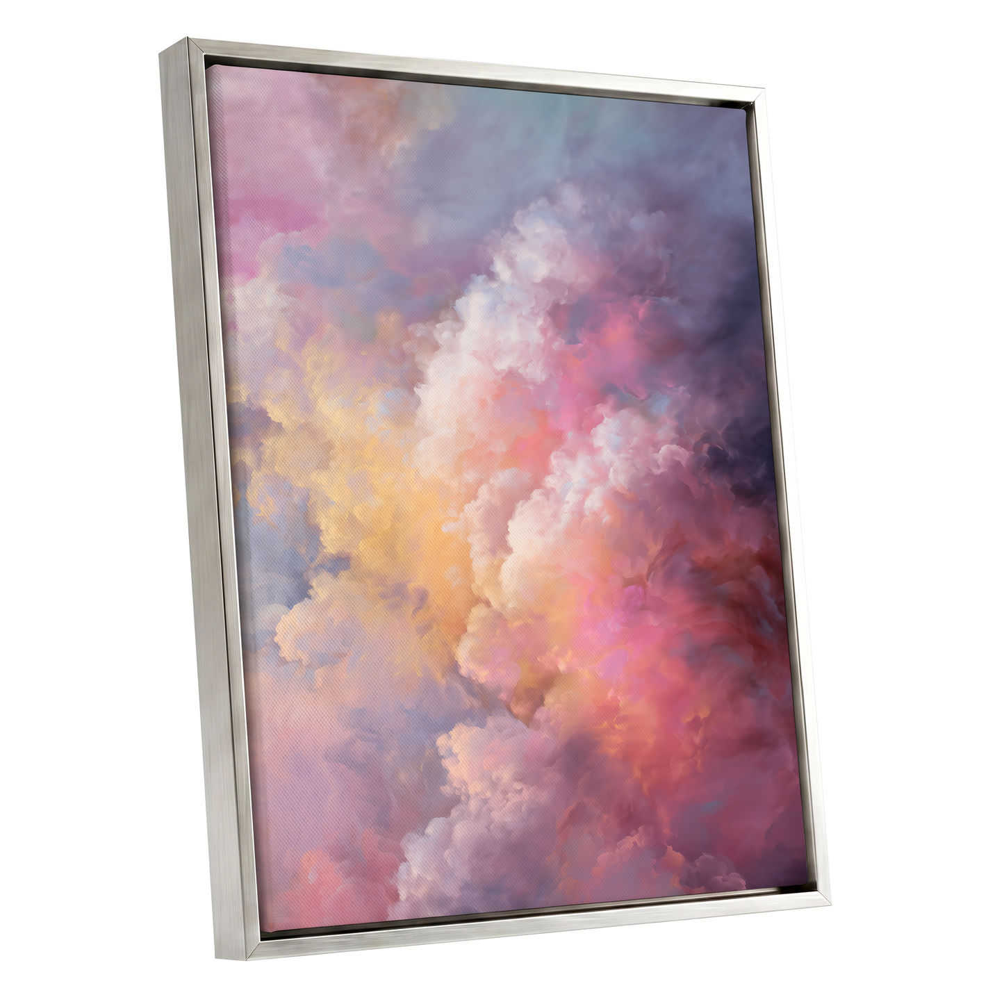 Velvet Sky Bloom, pink, purple, blue nature wall art shown as a silver framed canvas wall art