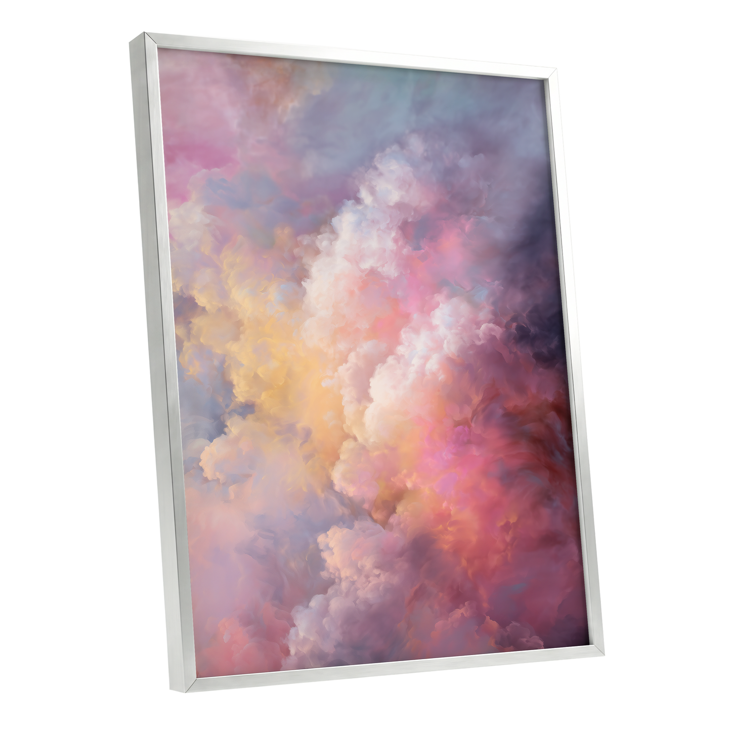 Velvet Sky Bloom, pink, purple, blue nature wall art shown as a silver framed poster wall art print