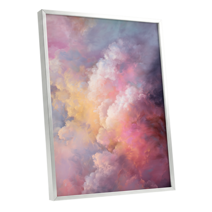 Velvet Sky Bloom, pink, purple, blue nature wall art shown as a silver framed poster wall art print