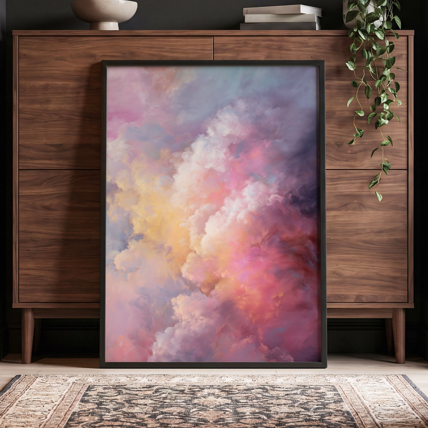 Velvet Sky Bloom, pink, purple, blue nature wall art displayed in a styled interior, gallery view 2