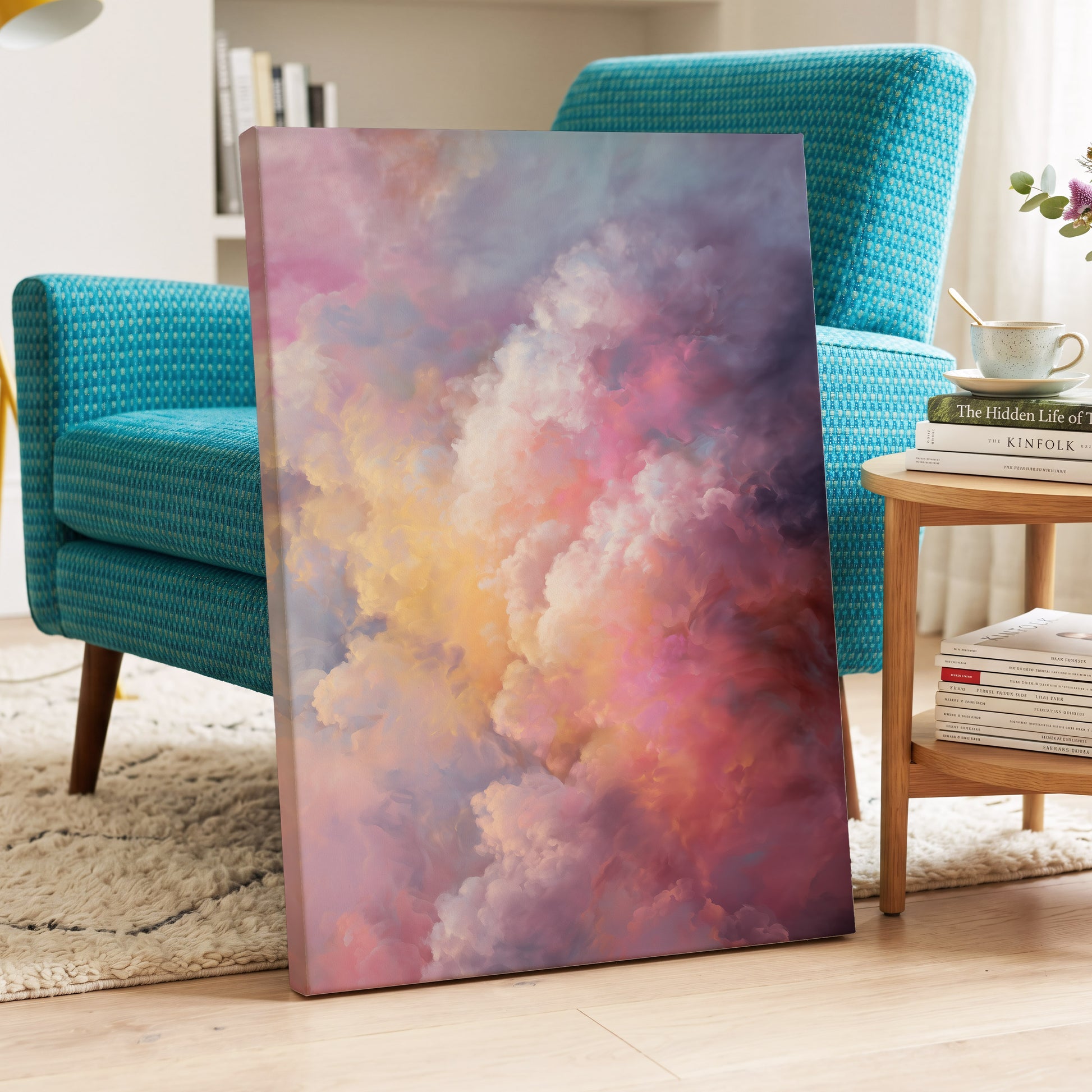 Velvet Sky Bloom, pink, purple, blue nature wall art displayed in a styled interior, gallery view 3