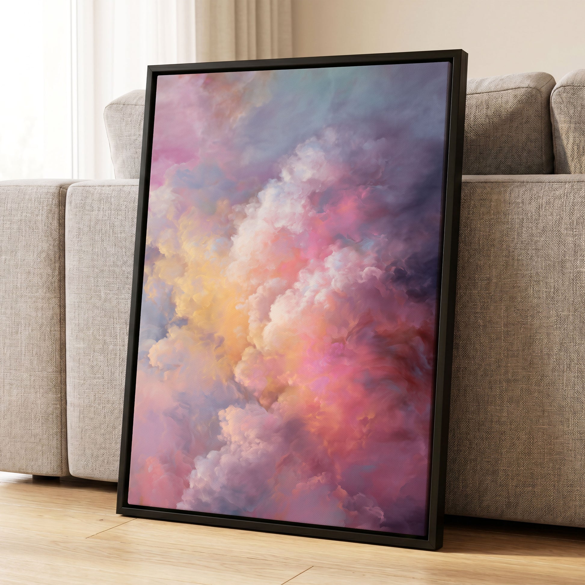 Velvet Sky Bloom, pink, purple, blue nature wall art displayed in a styled interior, gallery view 8