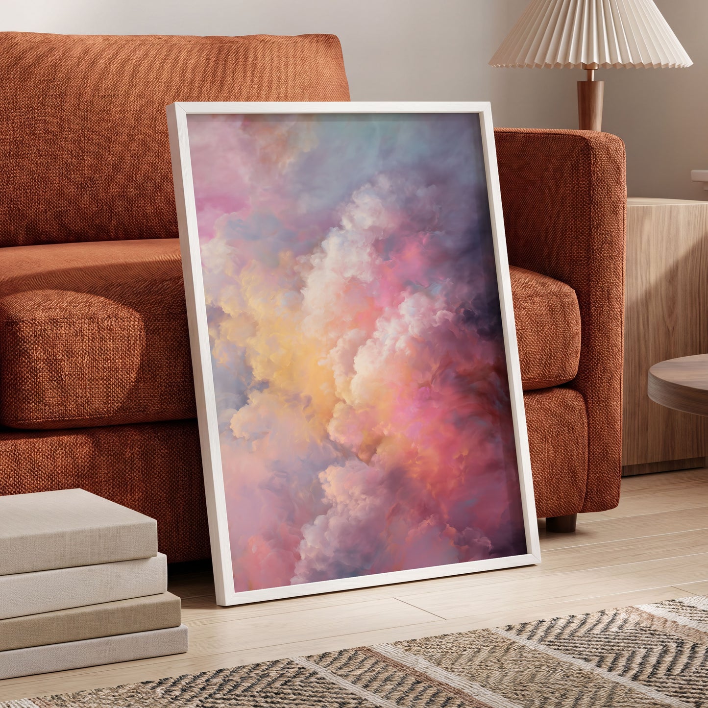 Velvet Sky Bloom, pink, purple, blue nature wall art displayed in a styled interior, gallery view 9