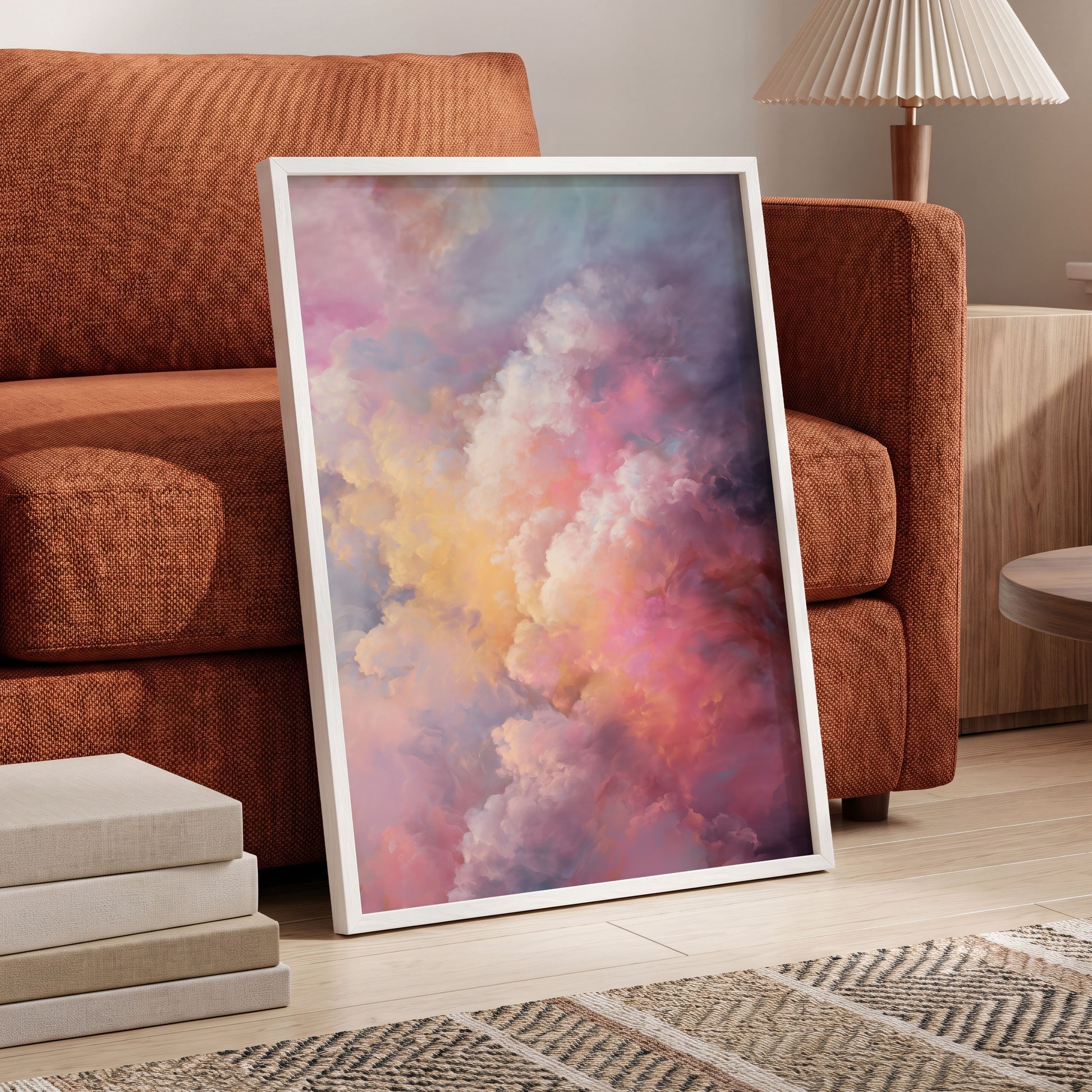 Velvet Sky Bloom, pink, purple, blue nature wall art displayed in a styled interior, gallery view 9