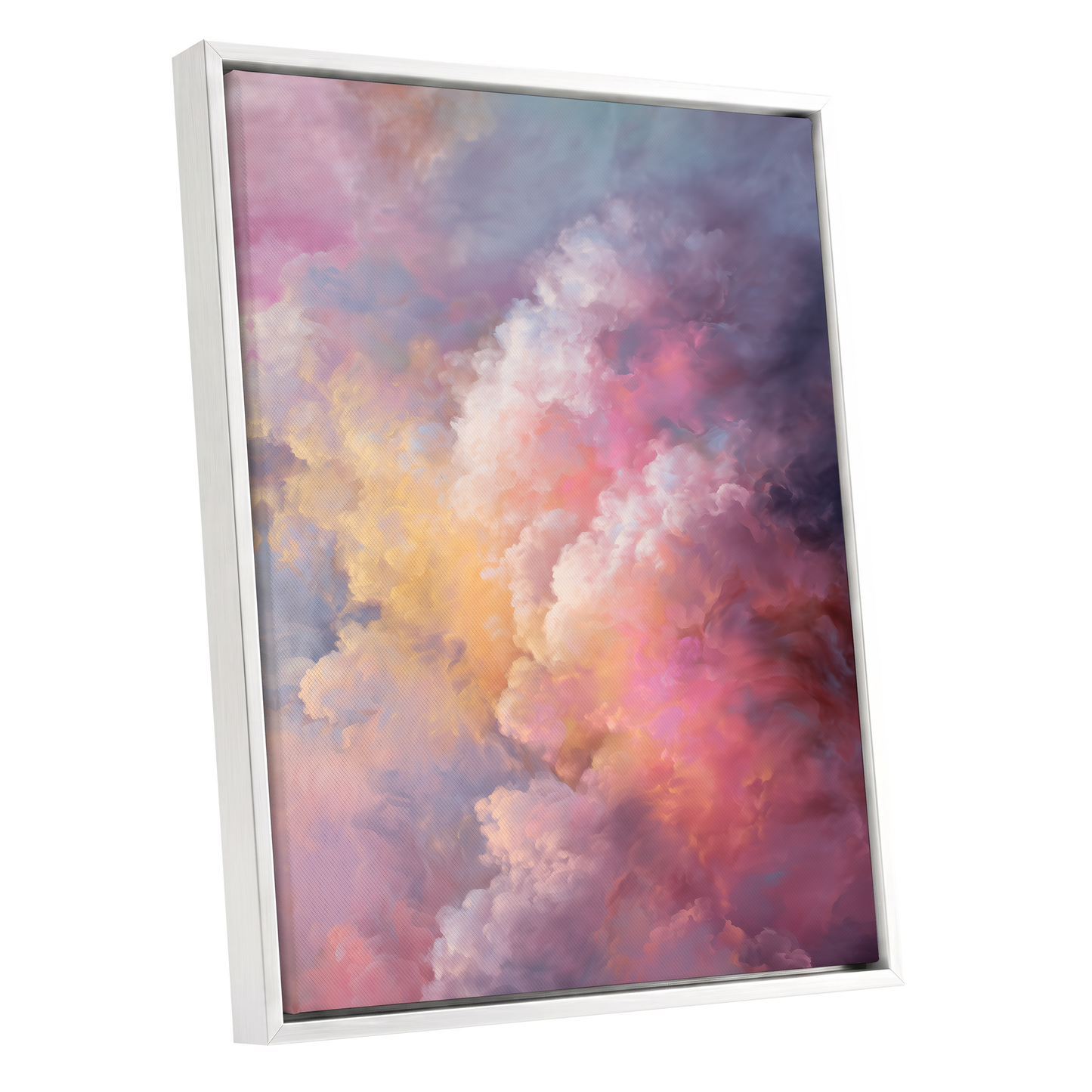 Velvet Sky Bloom, pink, purple, blue nature wall art shown as a white framed canvas wall art