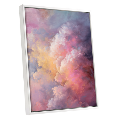 Velvet Sky Bloom, pink, purple, blue nature wall art shown as a white framed canvas wall art