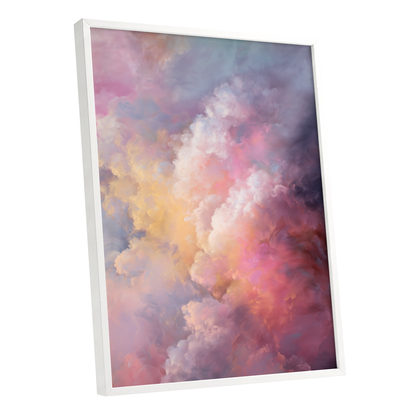 Velvet Sky Bloom, pink, purple, blue nature wall art shown as a white framed poster wall art print