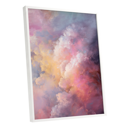 Velvet Sky Bloom, pink, purple, blue nature wall art shown as a white framed poster wall art print