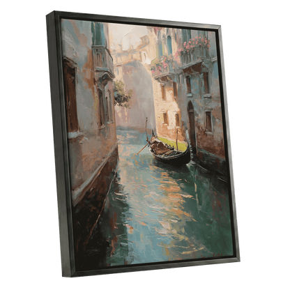 Venetian Stillwater, blue, green, beige abstract wall art shown as a black framed canvas wall art