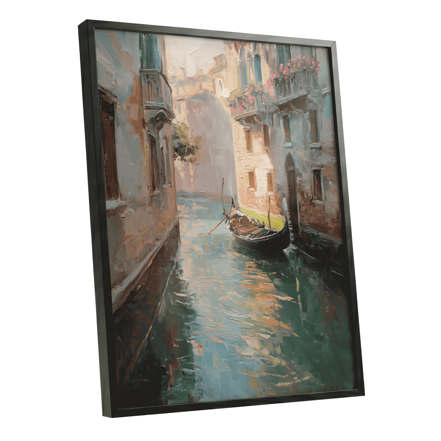 Venetian Stillwater, blue, green, beige abstract wall art shown as a black framed poster wall art print